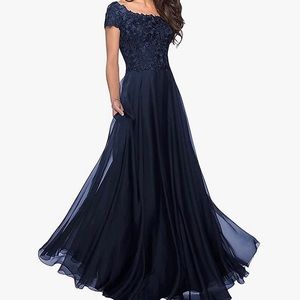Never worn! Short sleeve lace chiffon formal gown. Navy blue.